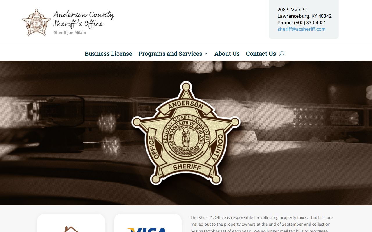 Anderson County Sheriff's Office website showing facility information and contact details