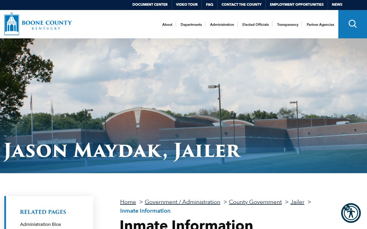 Boone County Jail inmate information page showing services and contact details