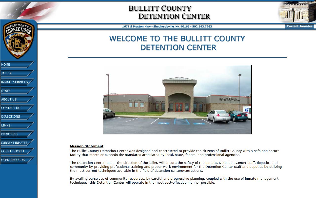 Bullitt County Detention Center homepage with jail mugshots search