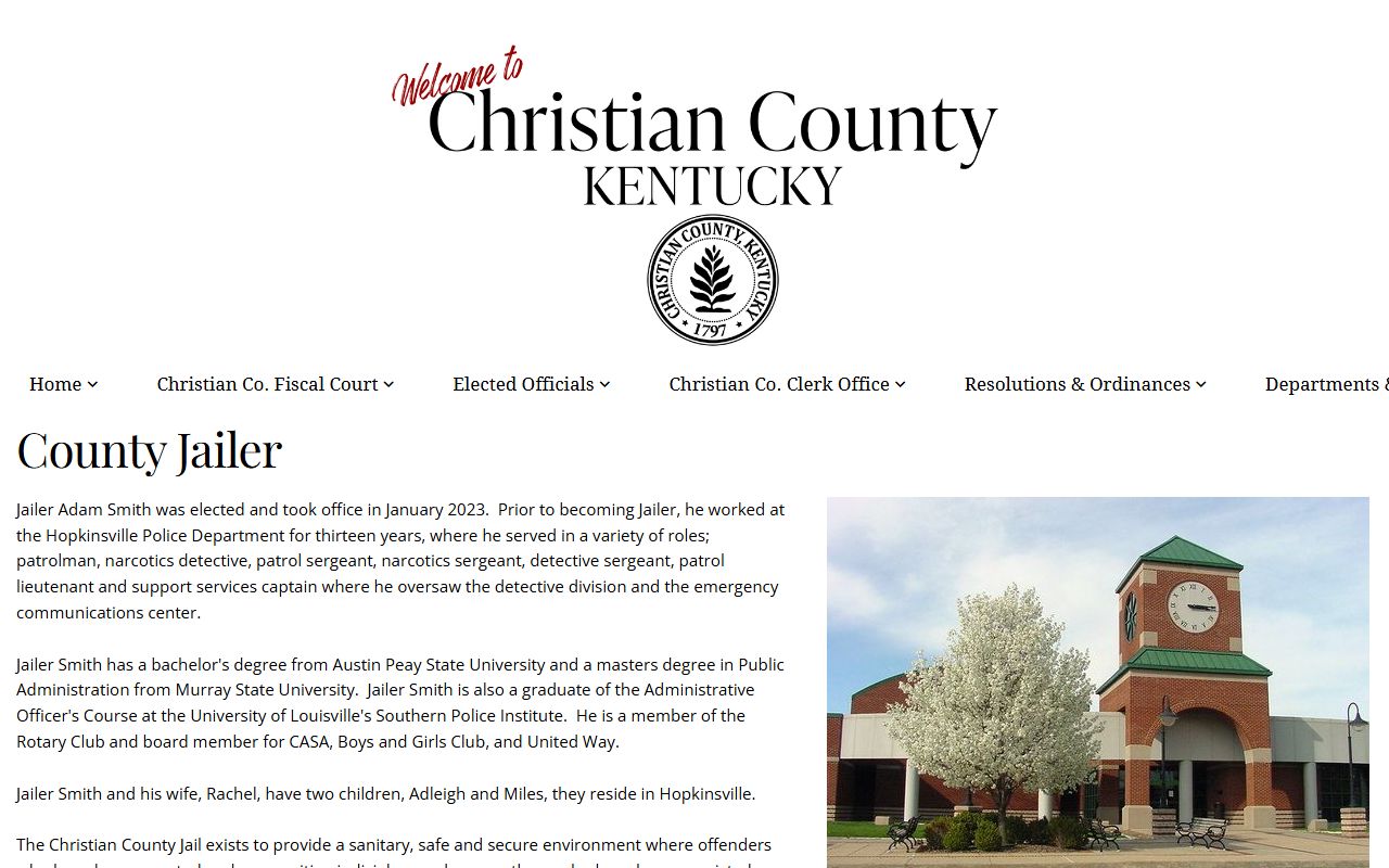 Christian County Jailer official page showing jail administration information