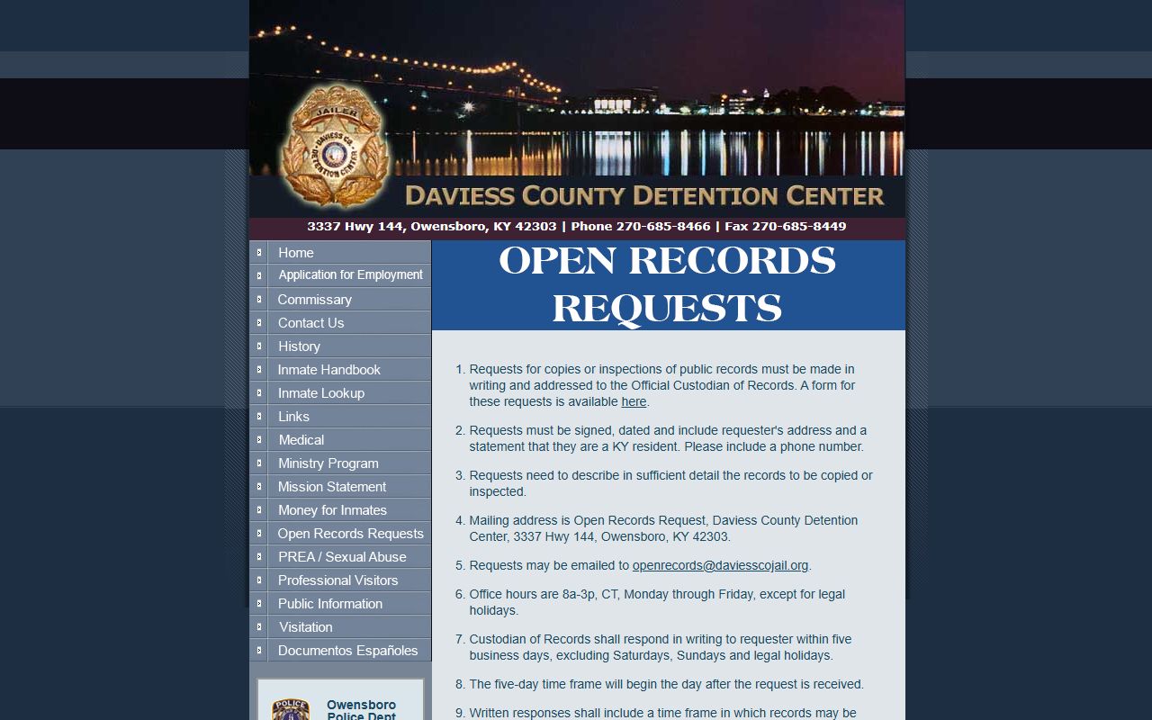 Daviess County open records request page for jail mugshots