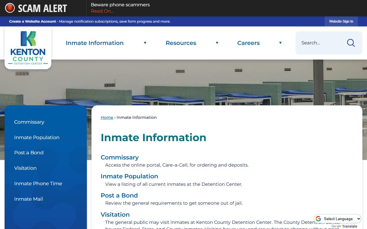 Kenton County Jail inmate information page showing visitation and commissary details