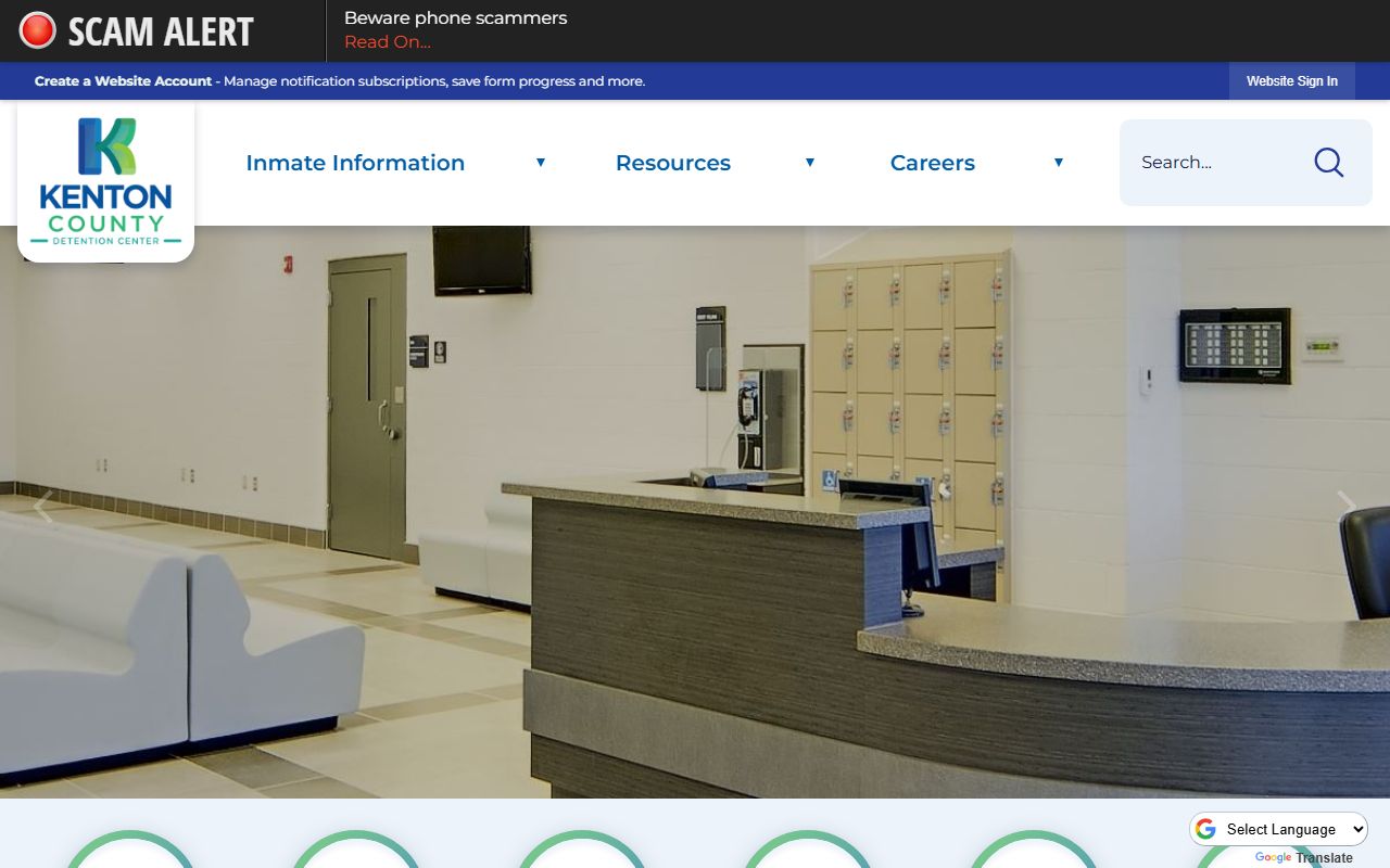 Kenton County Jail homepage showing inmate search and detention center information