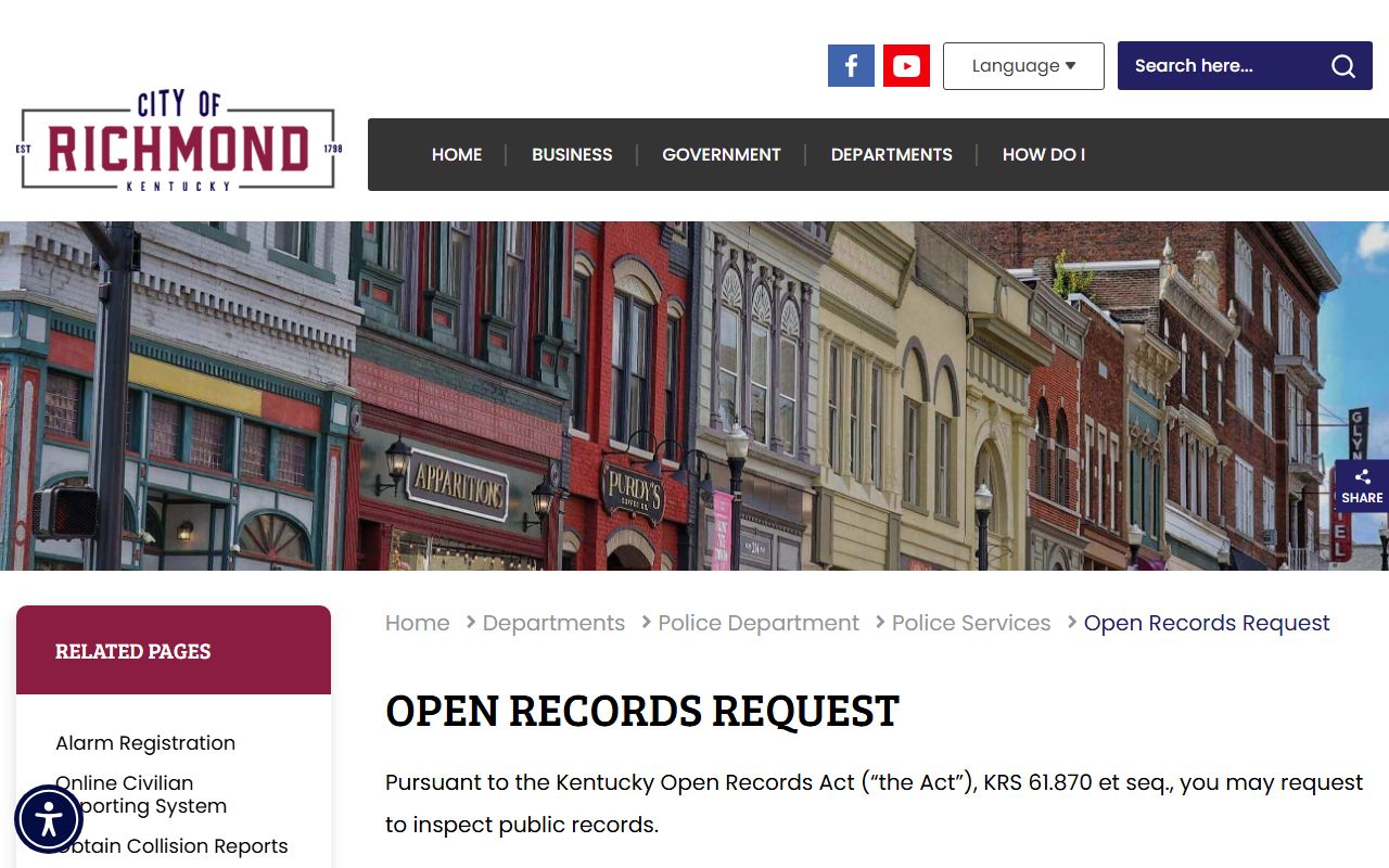 Richmond Police Department open records request page showing access to public information and mugshot records