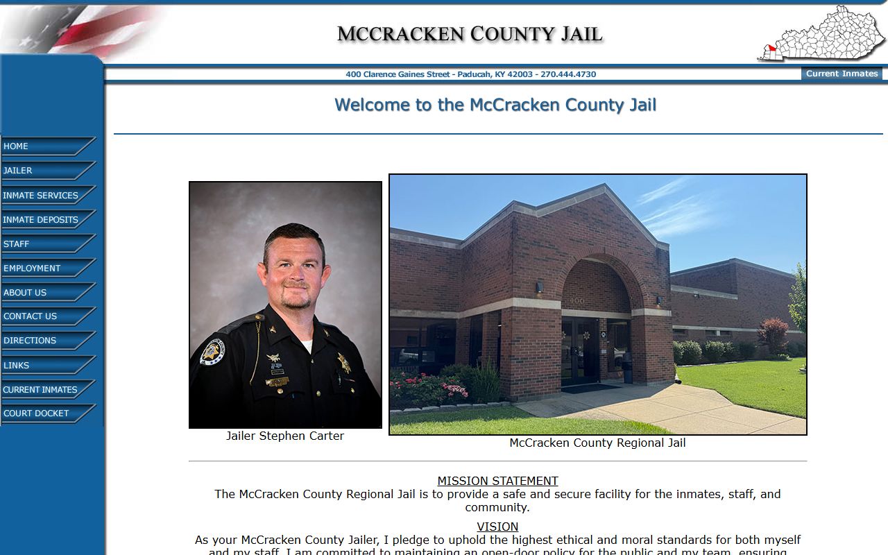 McCracken County Jail website homepage showing jailer information and inmate services