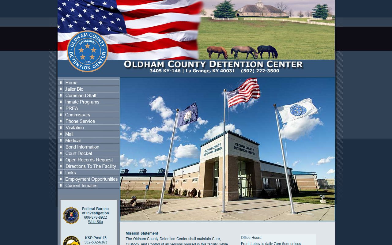 Oldham County Jail homepage showing detention center information and contact details