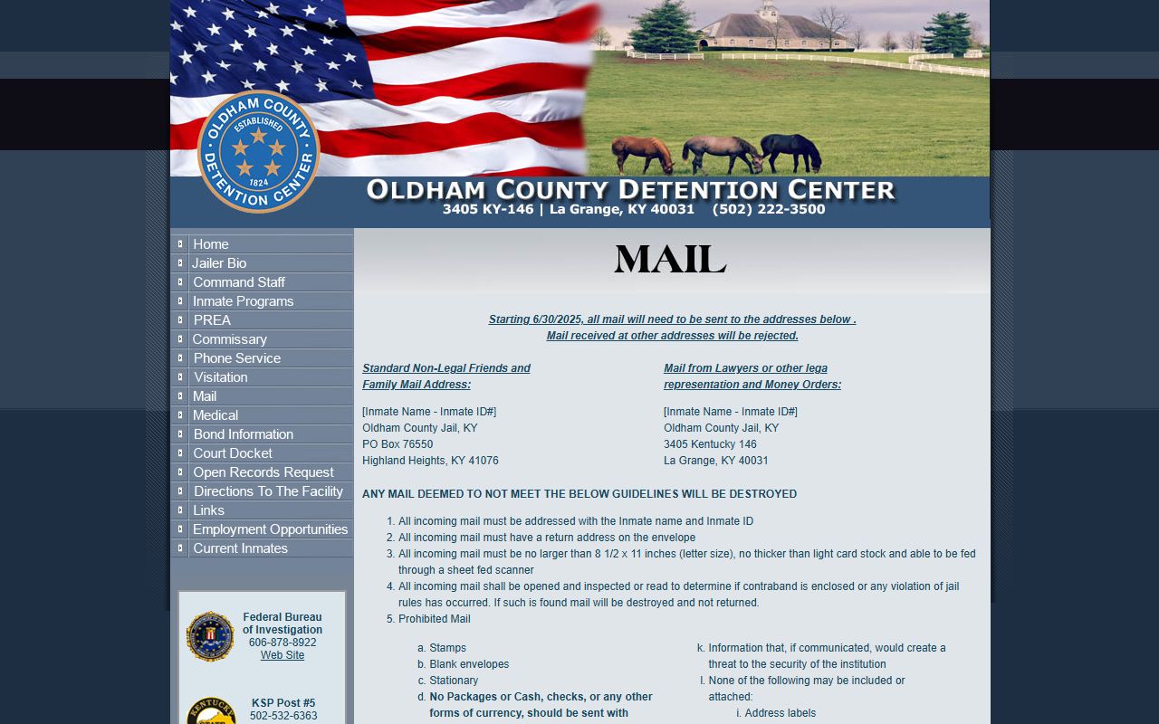 Oldham County Jail mail policies page showing rules for sending items to inmates