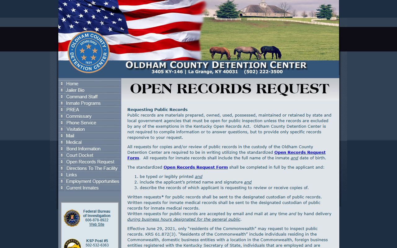 Oldham County Jail open records request page showing forms and contact information