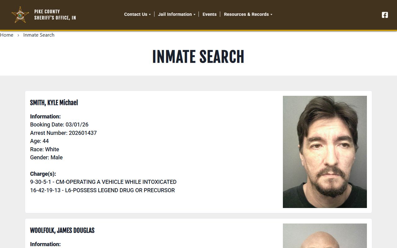 Pike County Sheriff's Office inmate search page showing jail mugshots