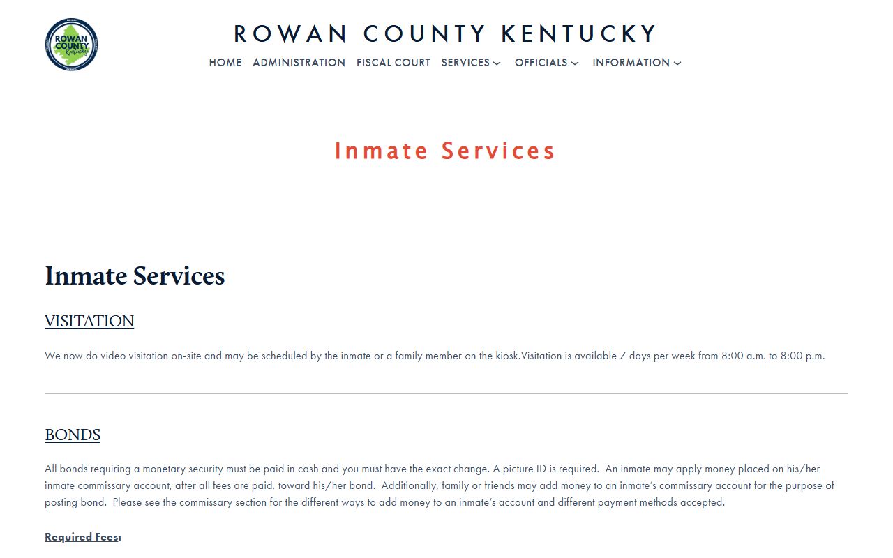 Rowan County Sheriff inmate services page showing visitation and commissary details