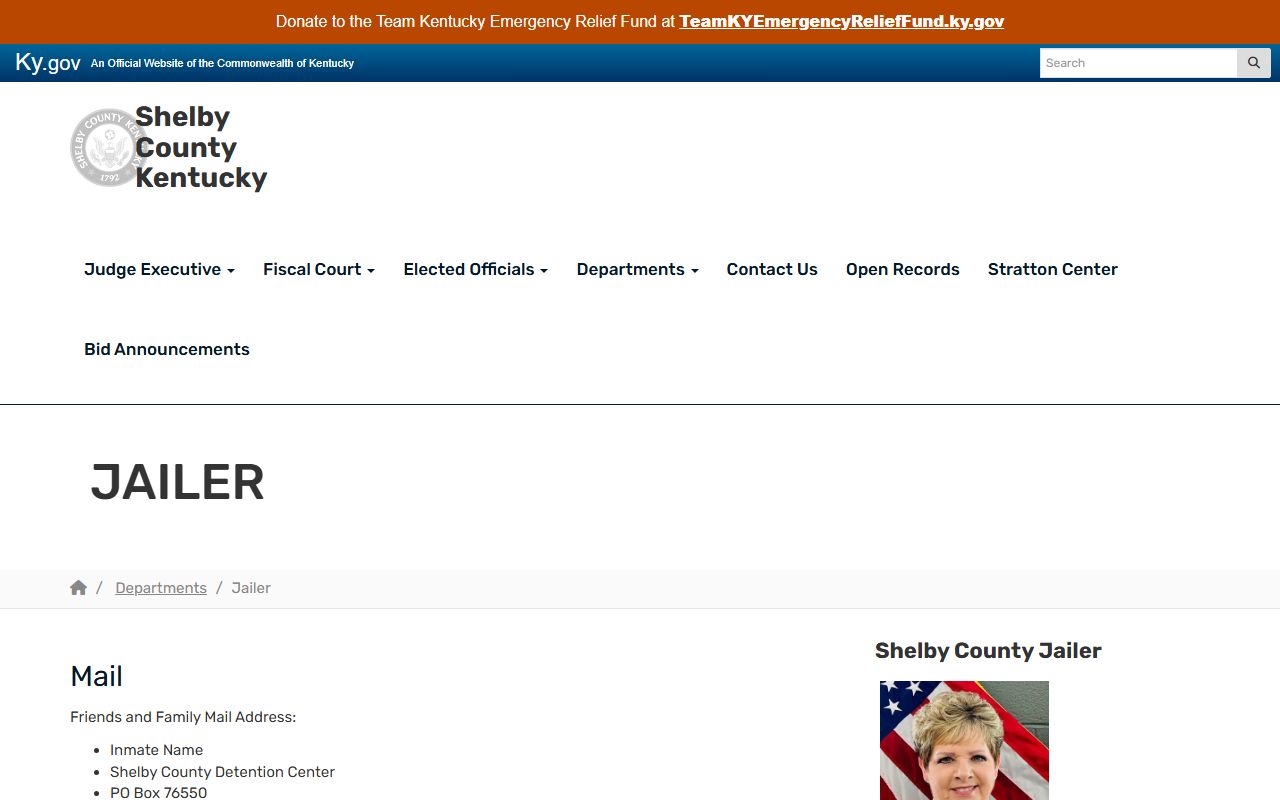 Shelby County Jailer page showing Darrell Cox and detention center staff information