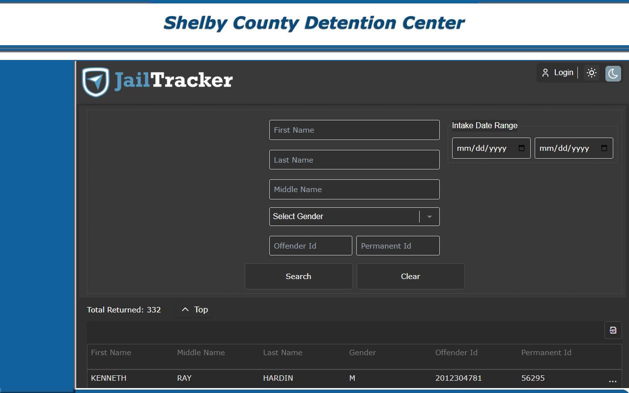 Shelby County inmate list page showing current bookings and mugshot records