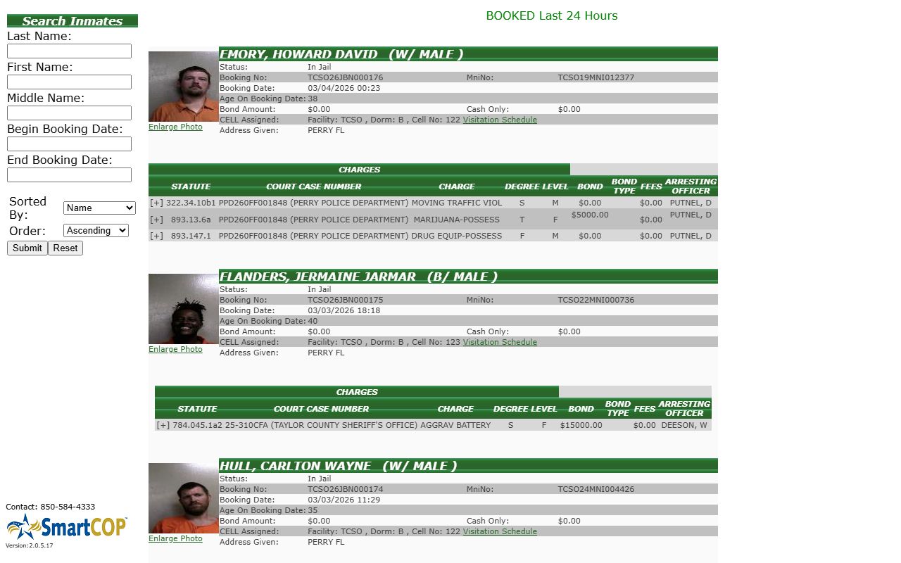Taylor County Sheriff SmartCop Portal showing inmate search interface
