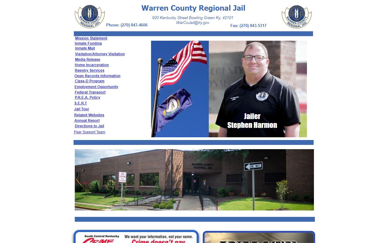 Warren County Jail homepage showing booking and inmate information resources