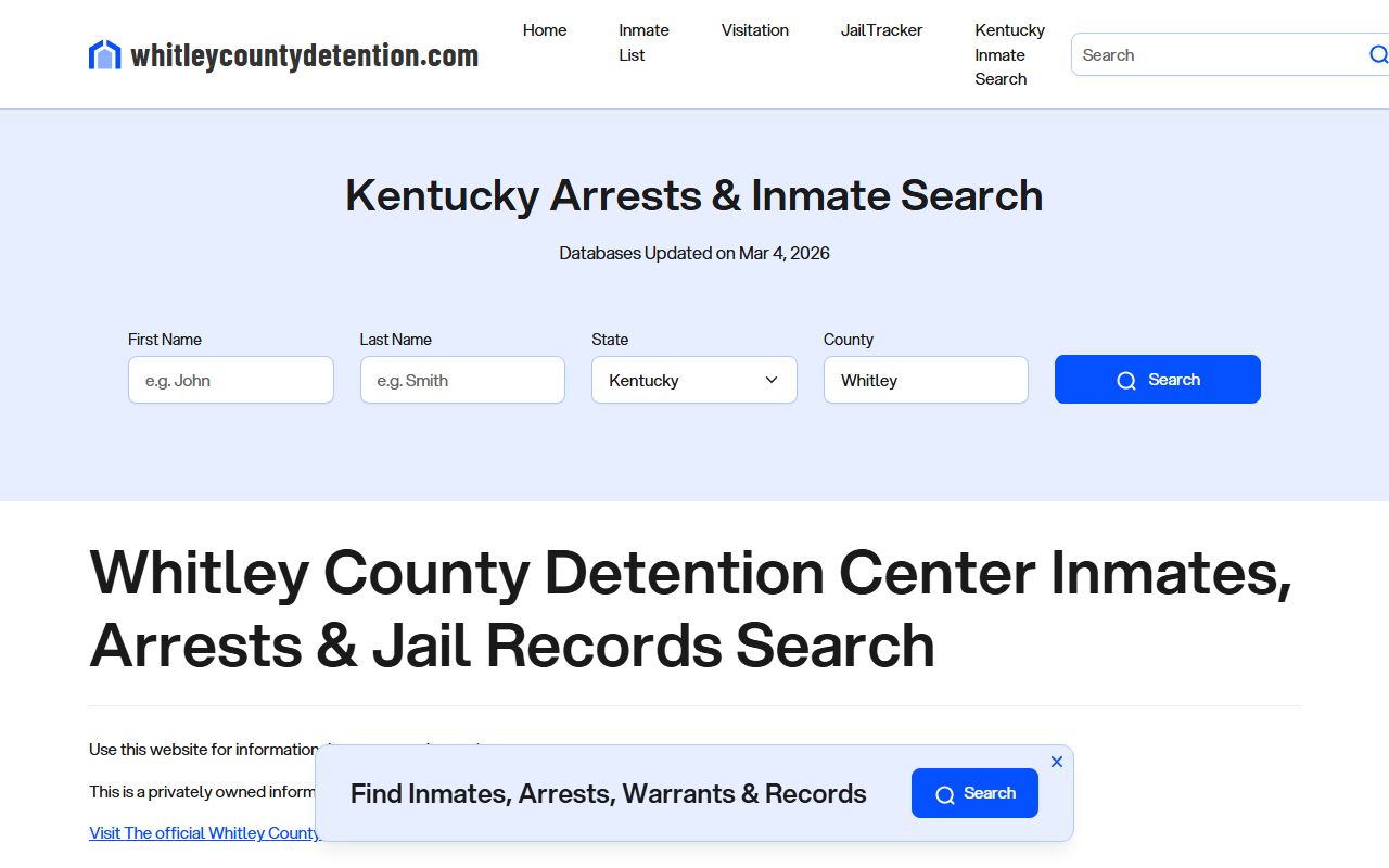 Whitley County Detention Center facility showing inmate services and detention information